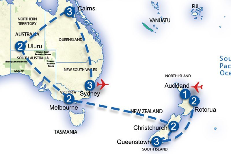 All Over Australia and New Zealand Itinerary Map