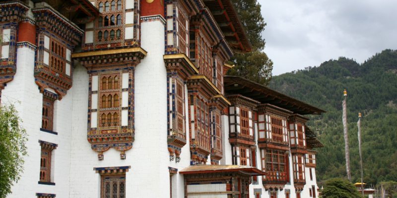 Traditional architecture of Kurjey Lhakhang Buddhist Monastery, Himalayan valley of Bumthang, Bhutan
