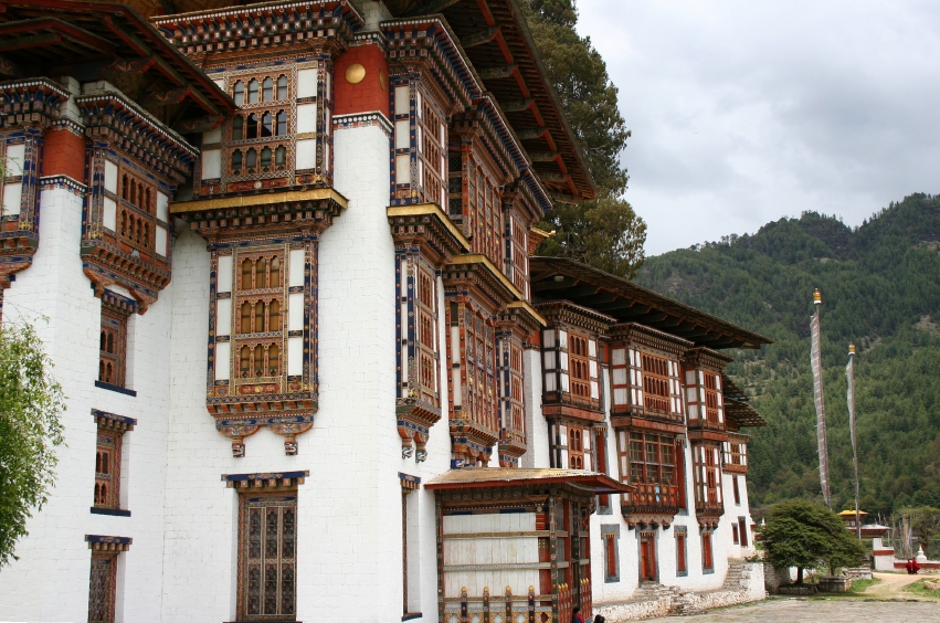 Traditional architecture of Kurjey Lhakhang Buddhist Monastery, Himalayan valley of Bumthang, Bhutan Traditional architecture of Kurjey Lhakhang Buddhist Monastery, Himalayan valley of Bumthang, Bhutan